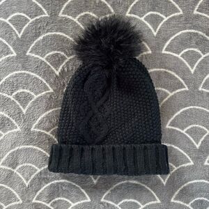 Winter Soft Black Stretchy Lined Knitted Faux Fur Fleece Fuzzy Pom Ski Beanie